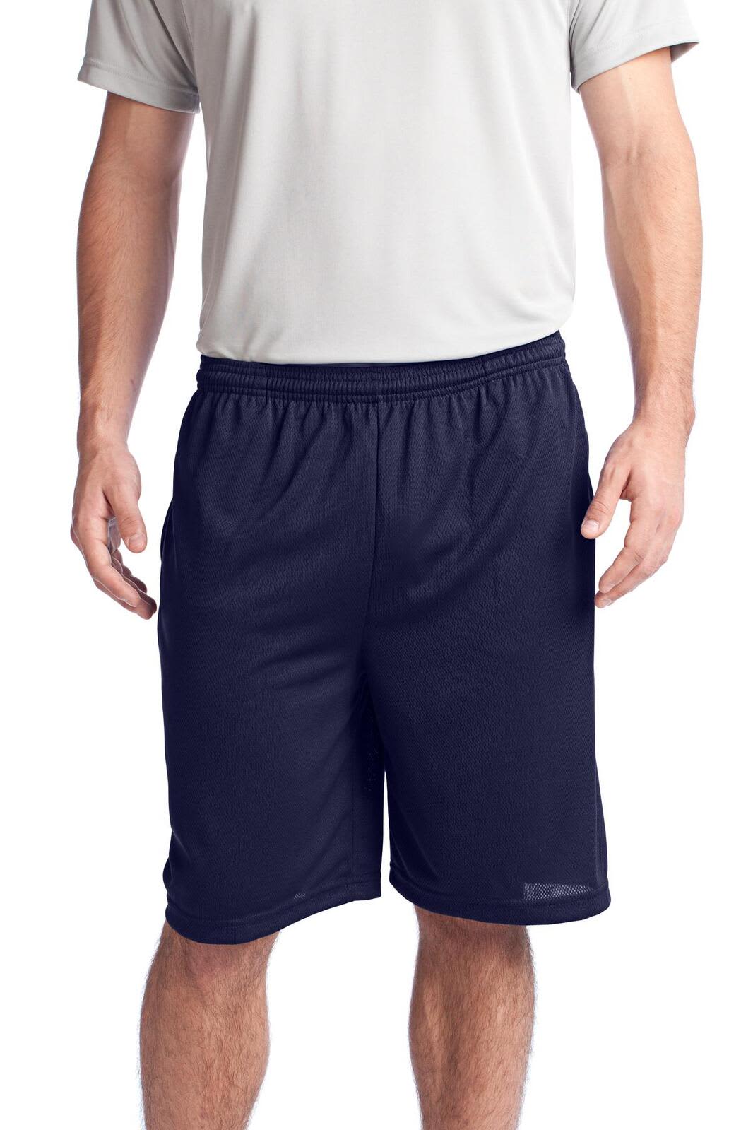 Navy sports shorts with an elastic waistband and a pocket, worn by a person in a grey shirt. Features a logo.