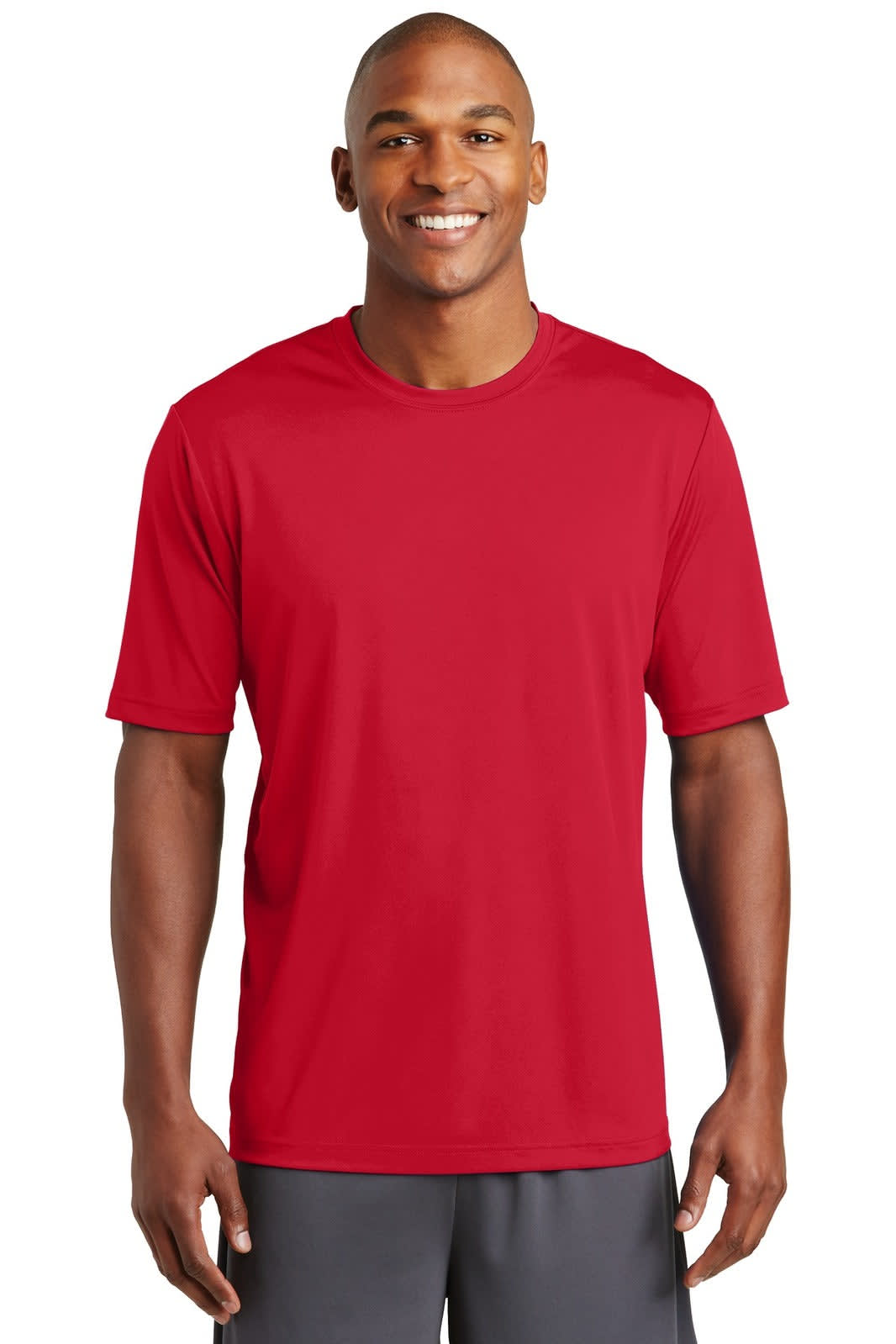 A red athletic t-shirt displayed on a model, featuring a logo on the front.