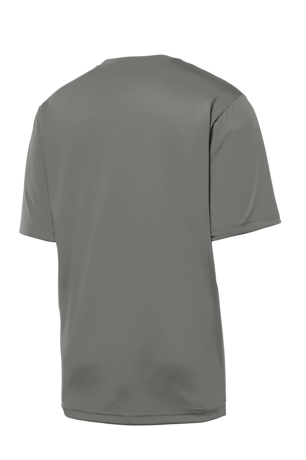 A grey Sport-Tek PosiCharge Tough Tee displays a simple design with a rear view and a logo on the side.