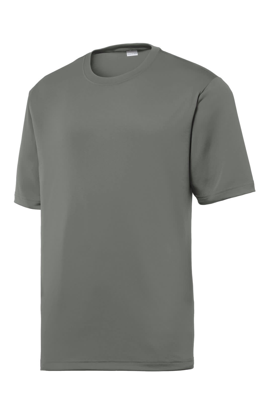 A grey athletic t-shirt with short sleeves and a round neckline. It features a logo on the front.