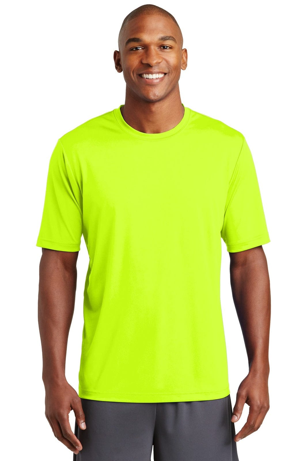 A vibrant lime green performance T-shirt with short sleeves, featuring a logo on the chest.