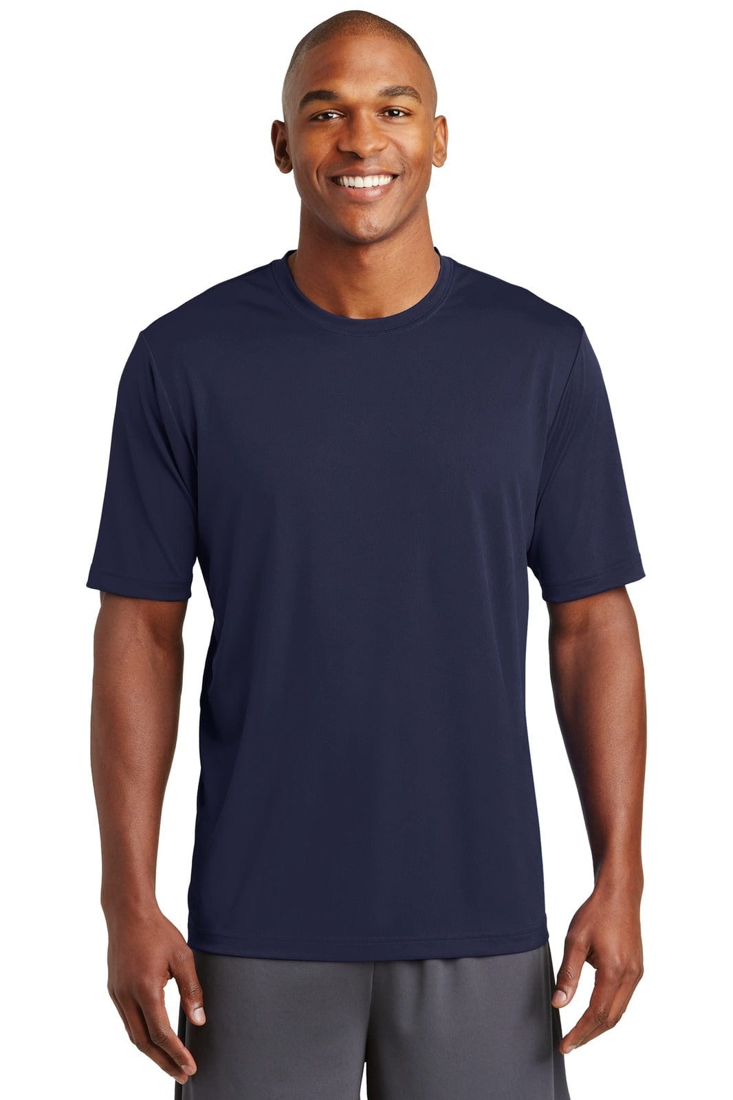 A navy blue t-shirt featuring short sleeves, designed for active wear, with a logo on the chest.