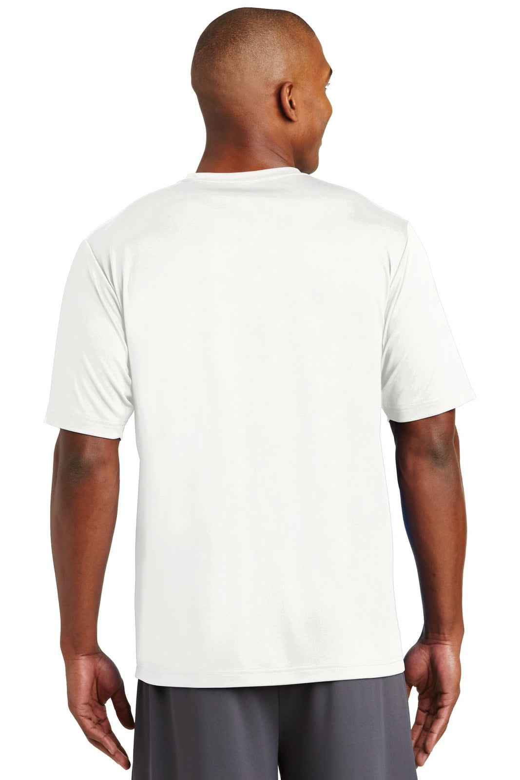 A man wearing a white Sport-Tek PosiCharge Tough Tee, viewed from the back, with short sleeves.