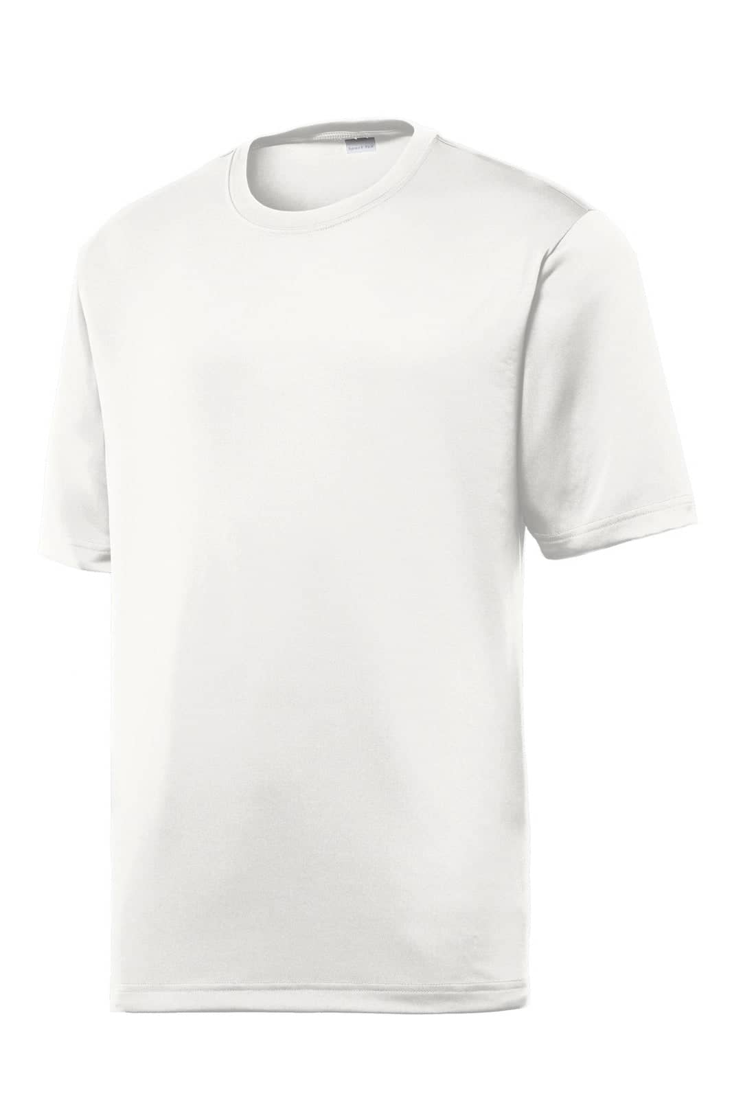 A plain white t-shirt with short sleeves, featuring a logo on the front.