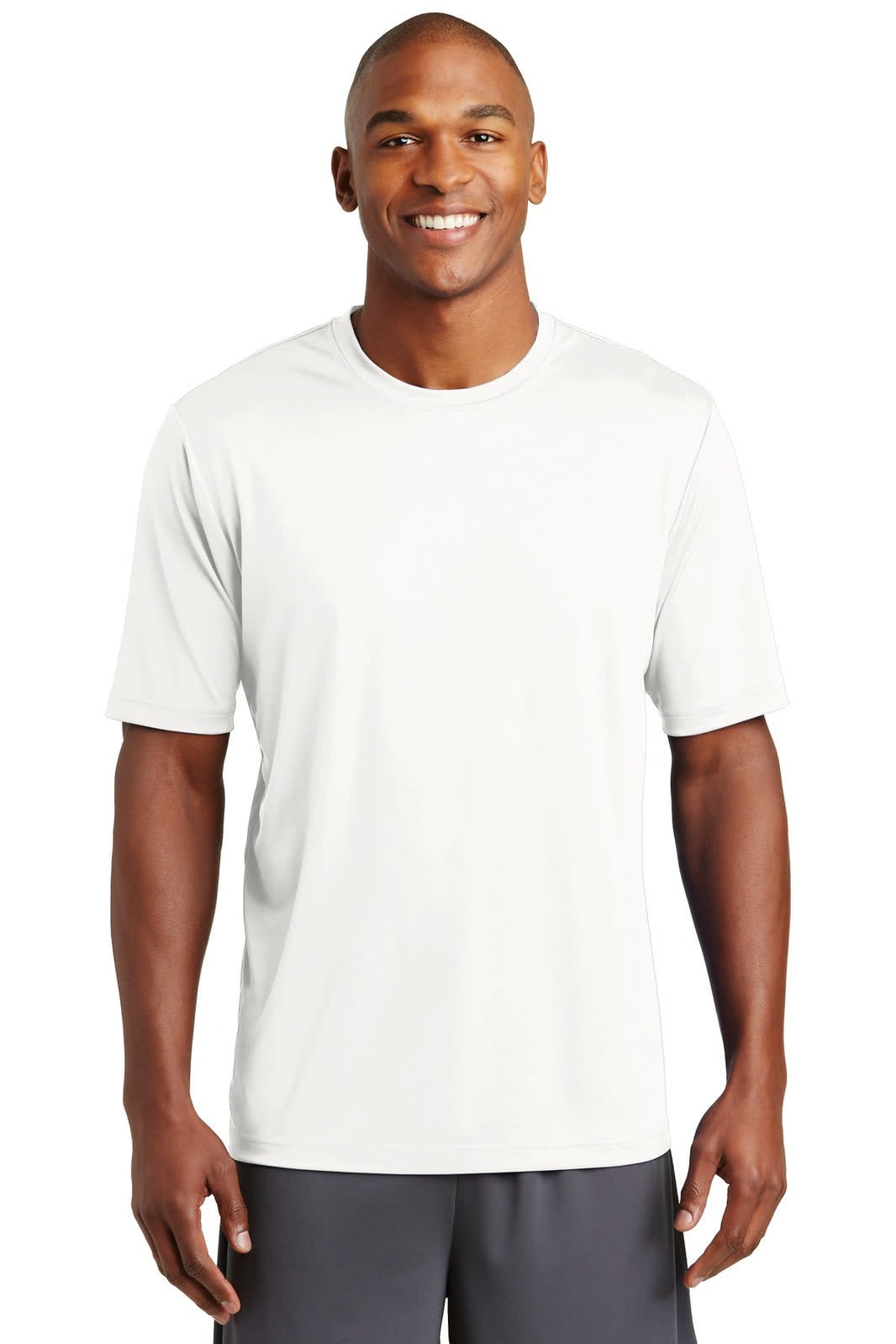 A man wearing a plain white short-sleeve t-shirt. The shirt features a logo on the chest area.