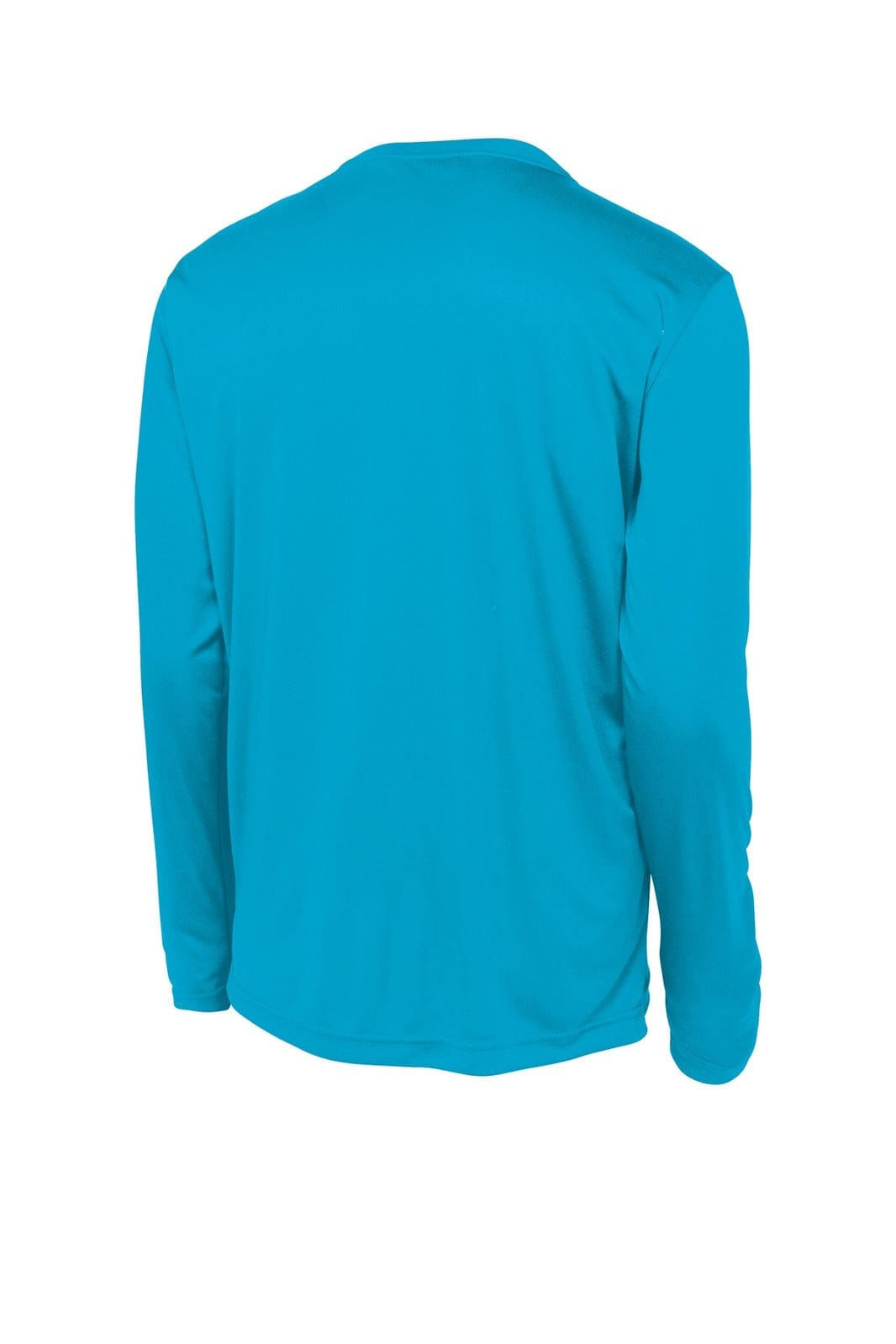 A long sleeve t-shirt in bright turquoise with a logo on the back.