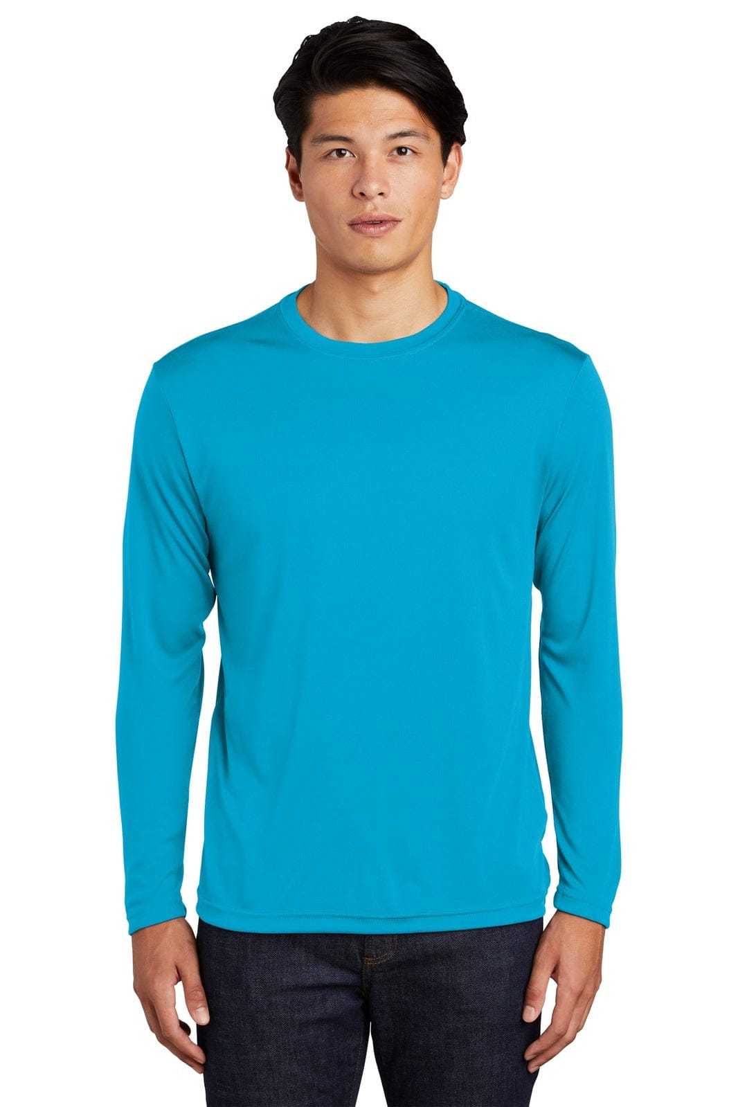 A long sleeve t-shirt in bright blue, featuring a fitted design and a small logo on the front.