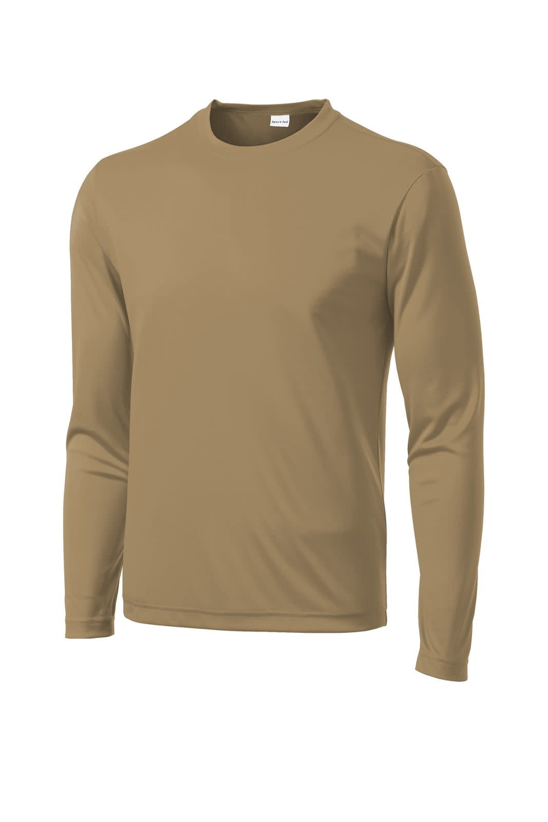 A long sleeve, tan PosiCharge Competitor Tee shirt with a fitted style and a logo on the chest.
