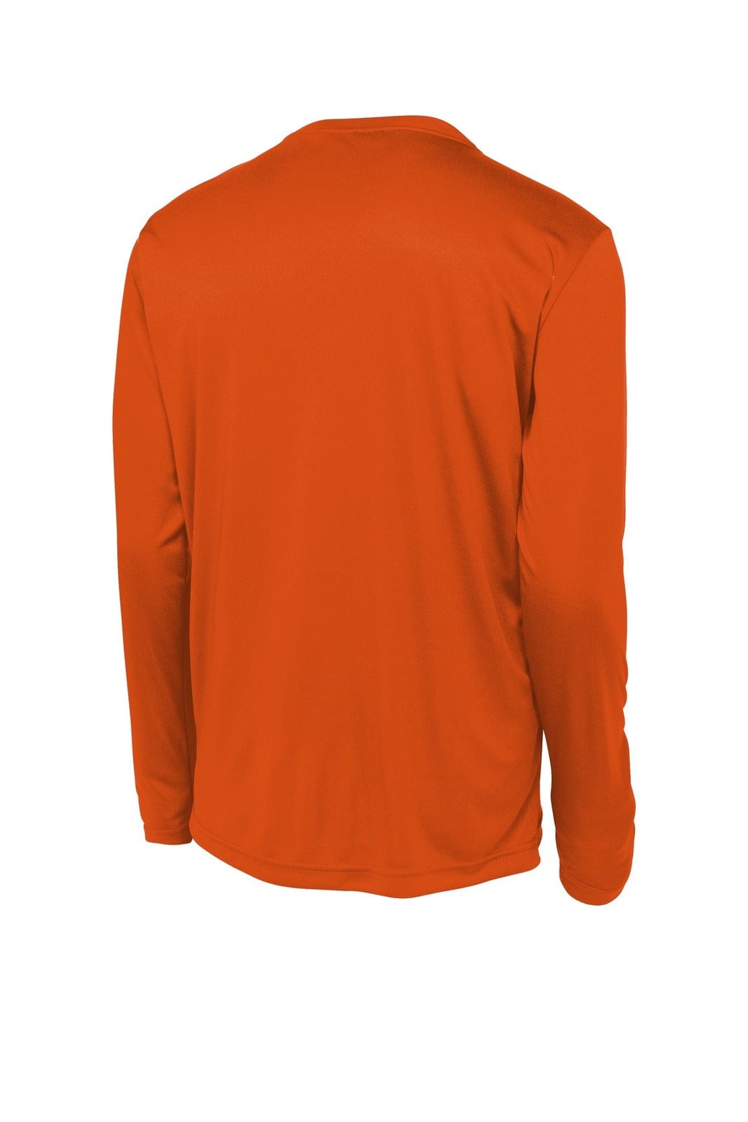 An orange long sleeve t-shirt with a back view, featuring a logo. Made from PosiCharge material.