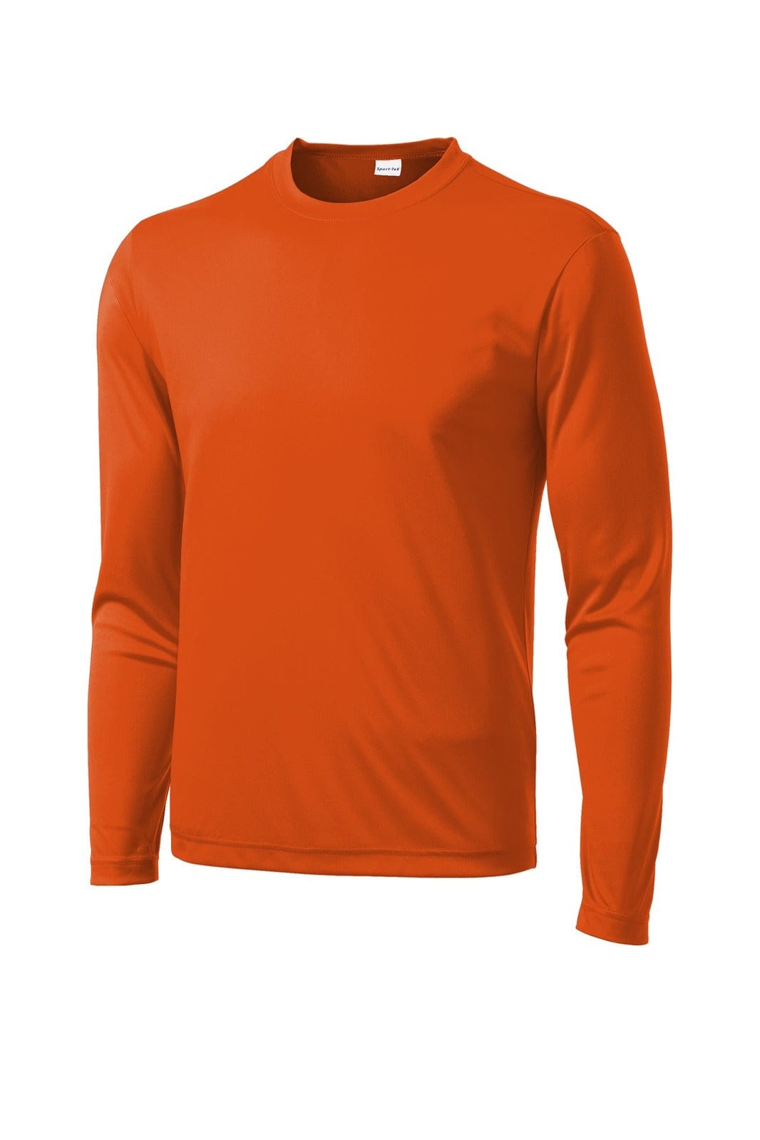An orange long sleeve t-shirt featuring a logo, made from PosiCharge fabric.
