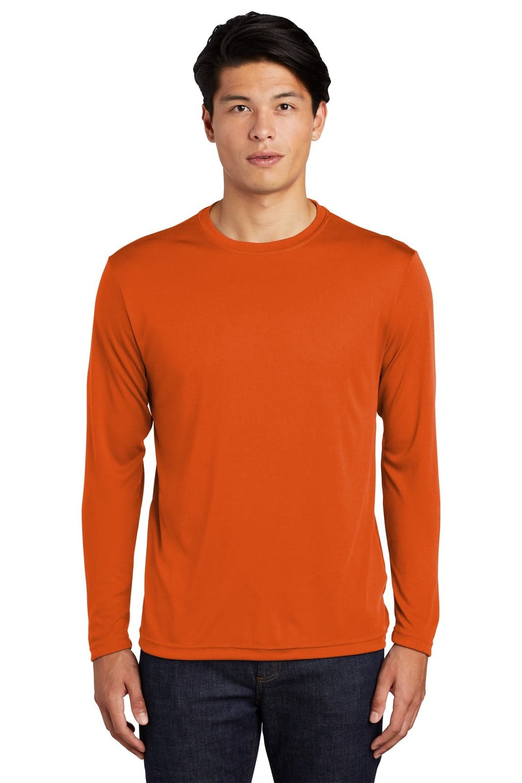 An orange long sleeve t-shirt, featuring a round neckline and a logo.