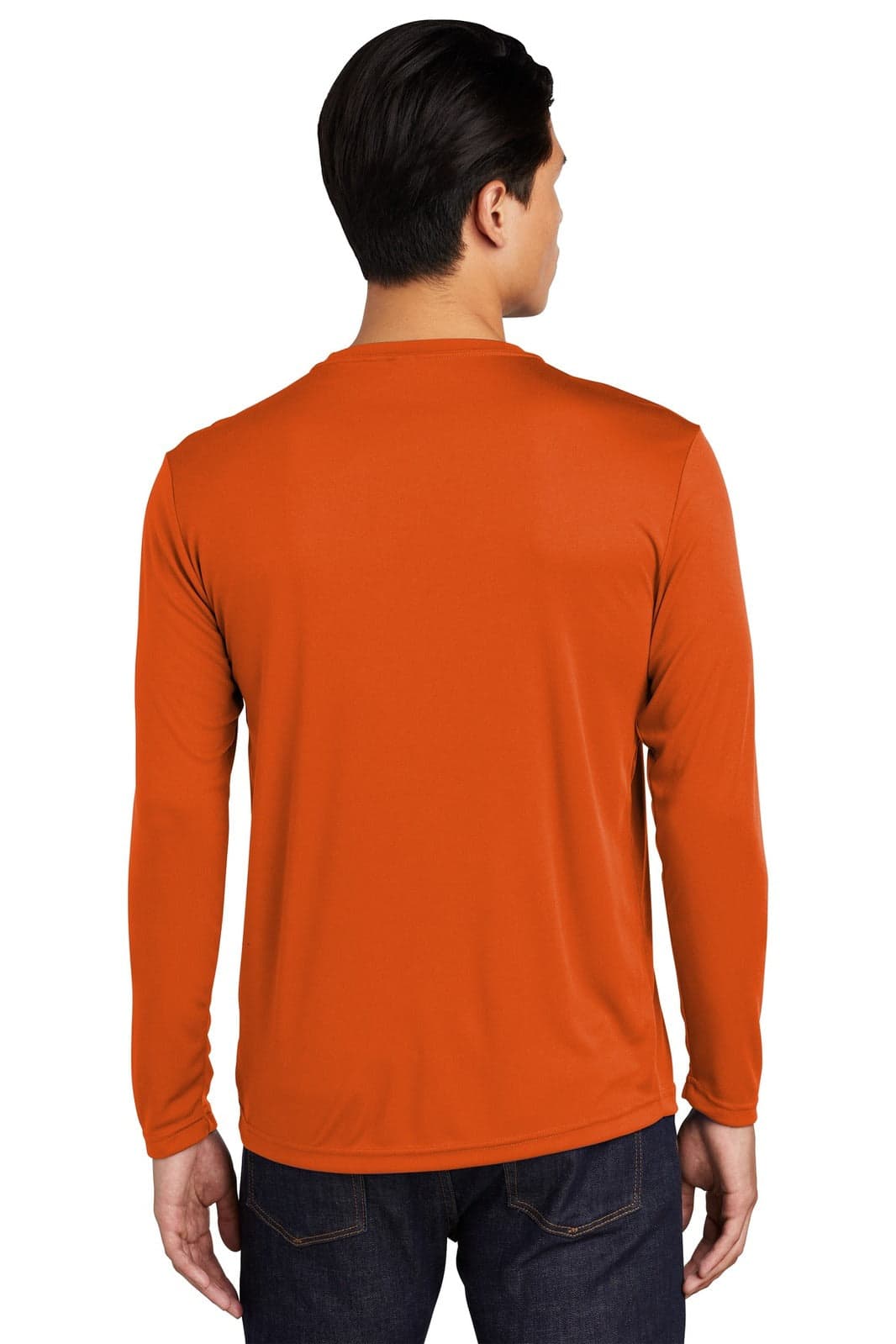 A man is wearing an orange long sleeve t-shirt from the back, featuring a logo on the upper area.
