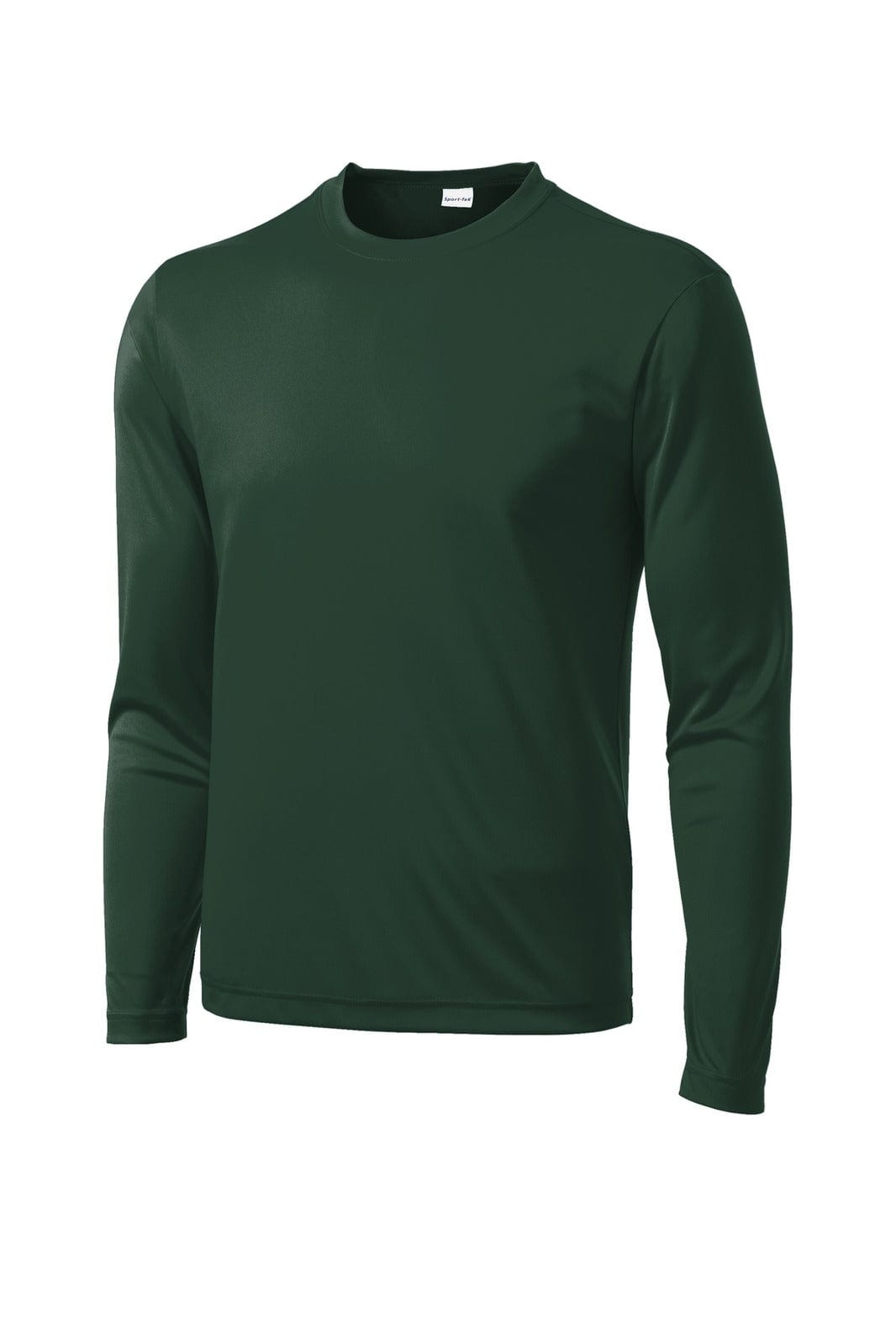 A dark green long sleeve athletic t-shirt with a crew neck, featuring a subtle logo on the front.