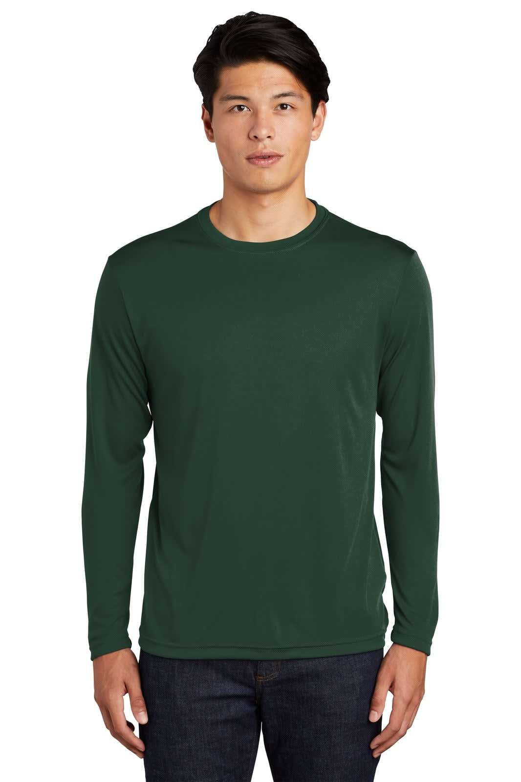 A long sleeve green tee featuring a simple design and a logo on the chest. Suitable for casual wear.