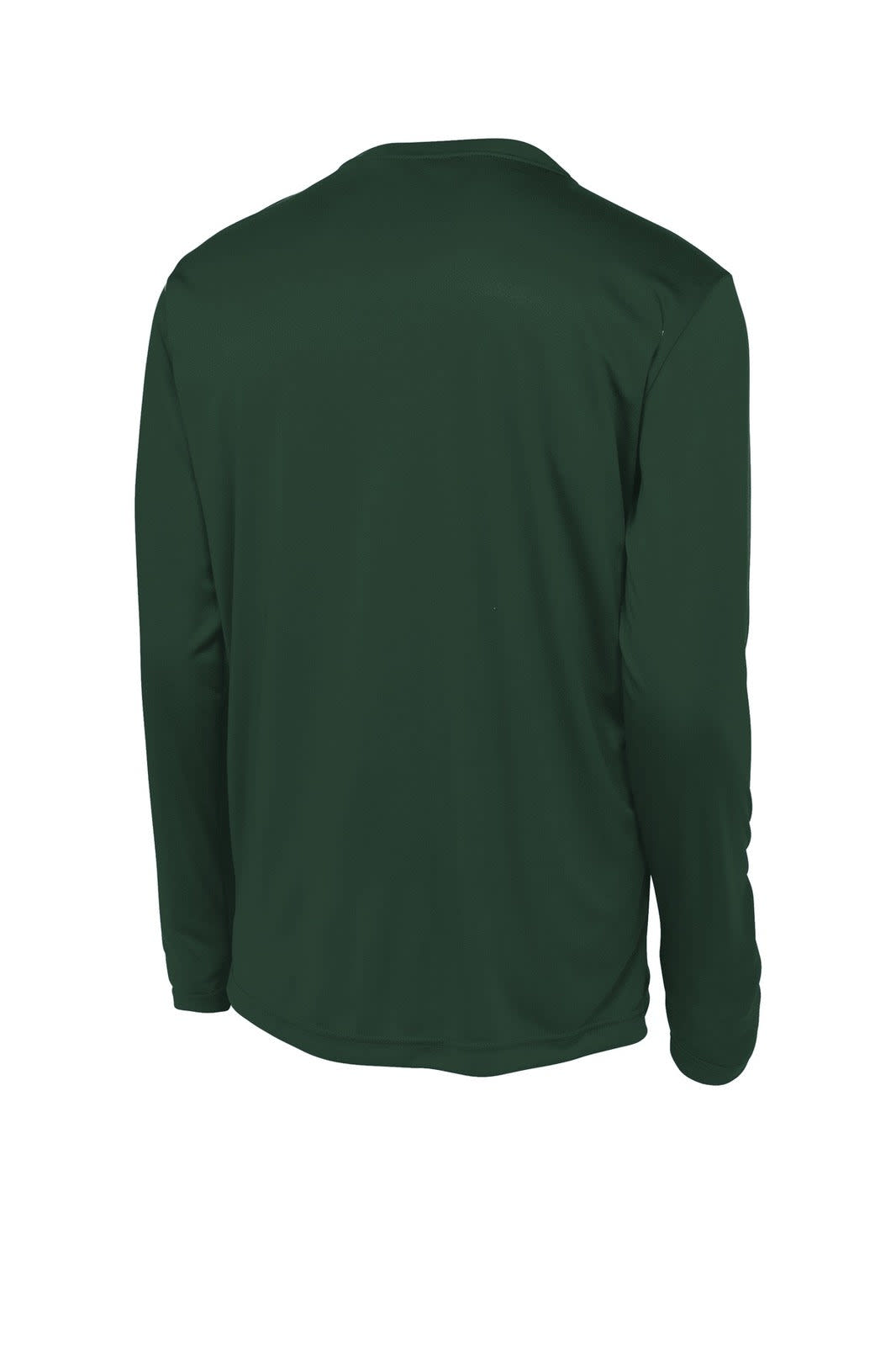 A green long sleeve T-shirt with a smooth texture and a logo on the back.