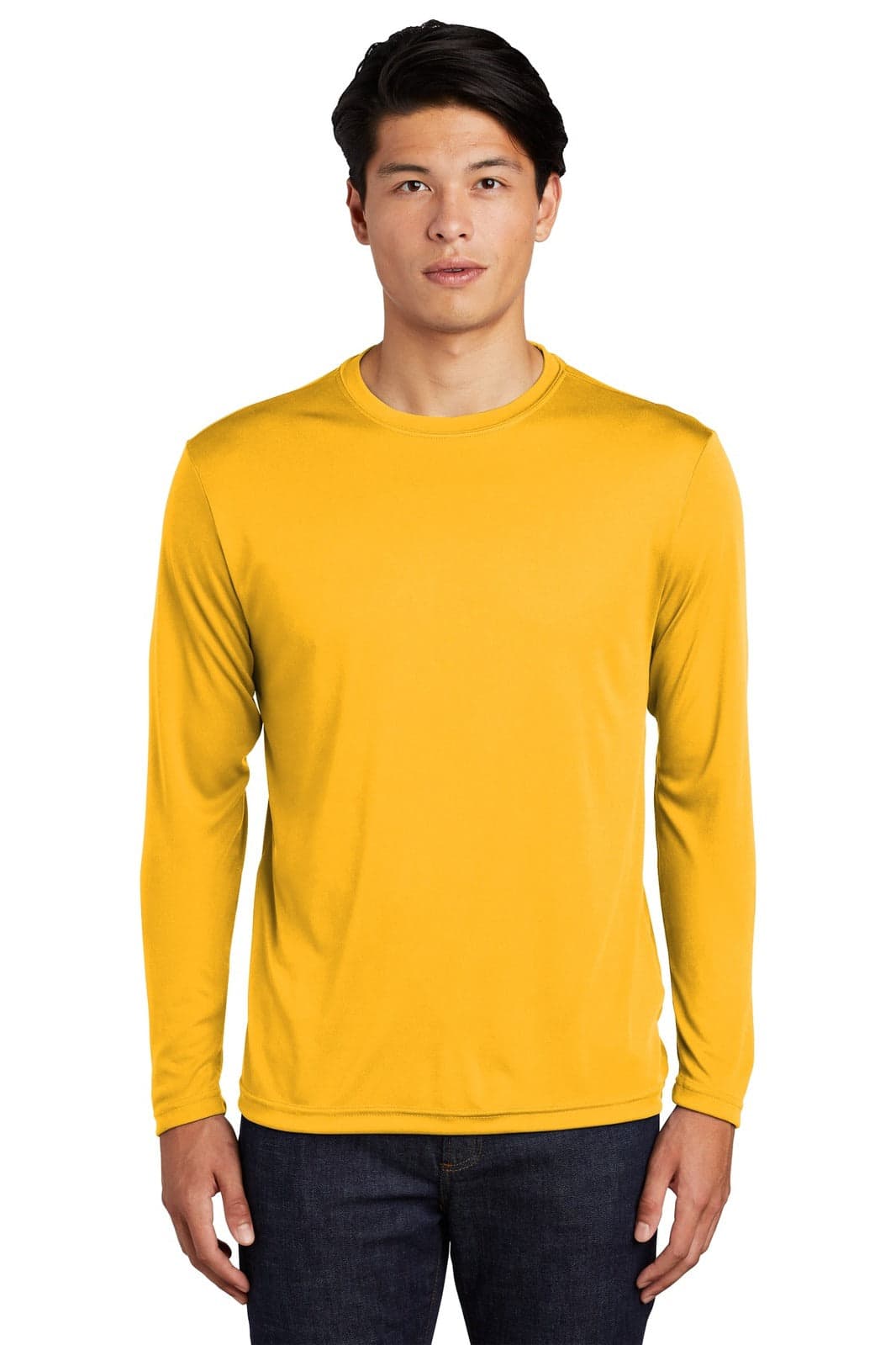 A long sleeve yellow t-shirt modelled by a person, featuring a logo on the chest.