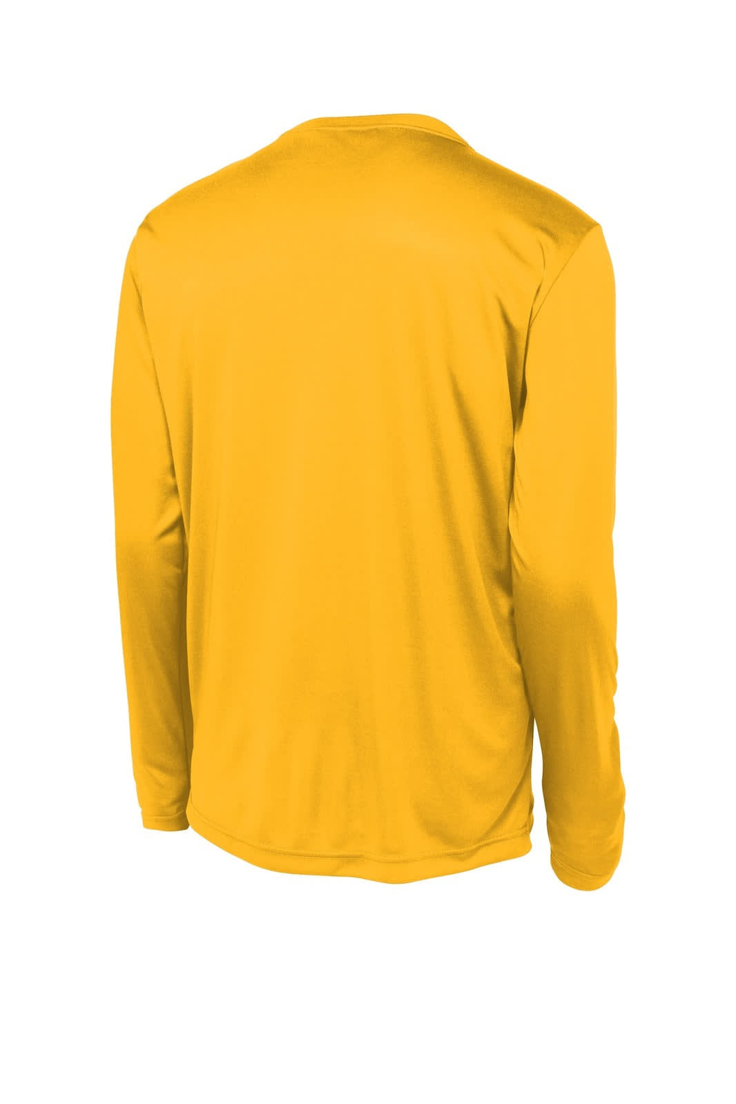 A long sleeve t-shirt in a vibrant gold colour with a smooth texture and a plain back. It features a logo.