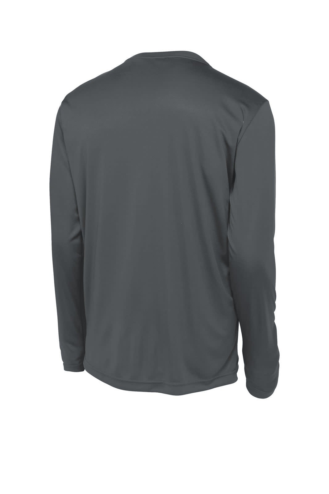 A long sleeve grey tee with a smooth texture and a logo on the back. Suitable for sportswear or casual wear.