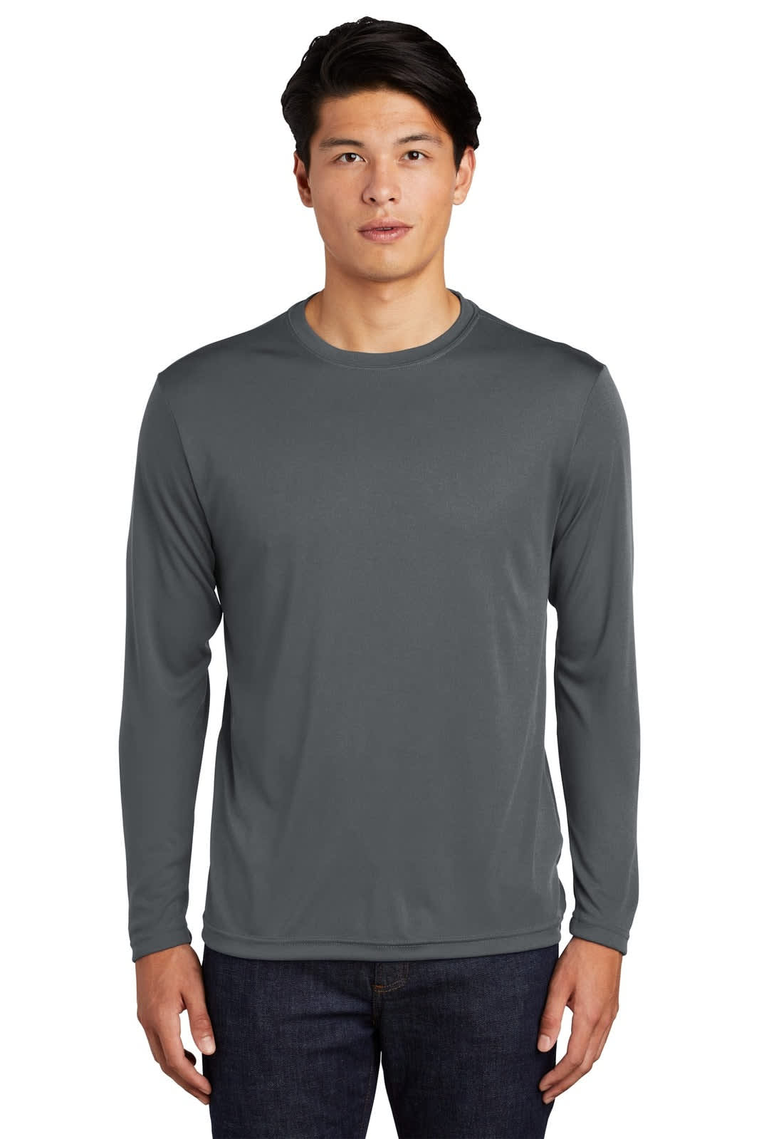 A grey long sleeve t-shirt designed with a smooth finish and featuring a logo.