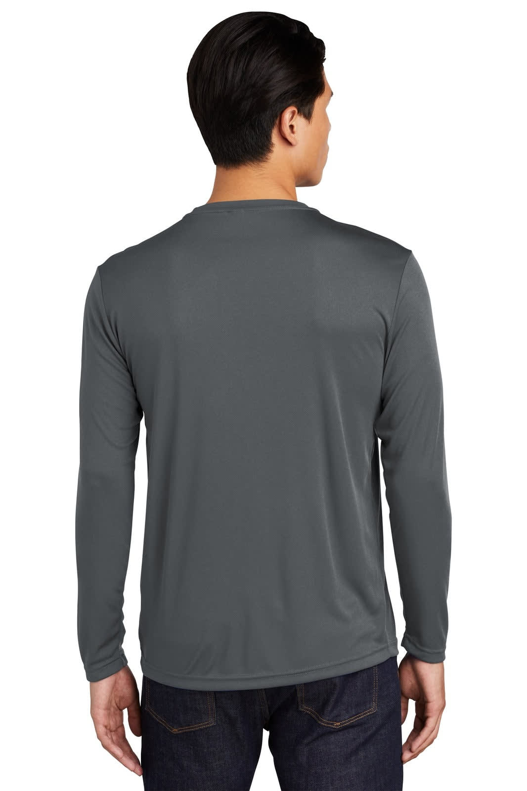 A long sleeve grey t-shirt featuring a smooth fabric and a back view design. It includes a logo.