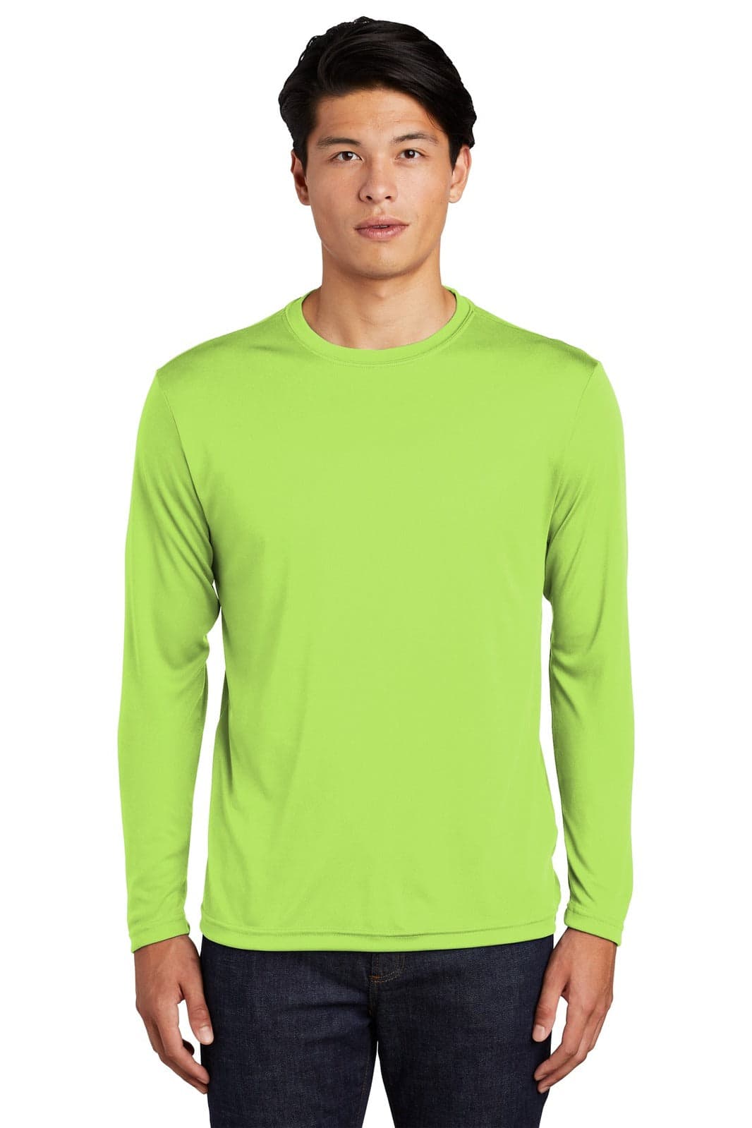 A long sleeve green T-shirt for men featuring a logo. Ideal for sport or casual wear.