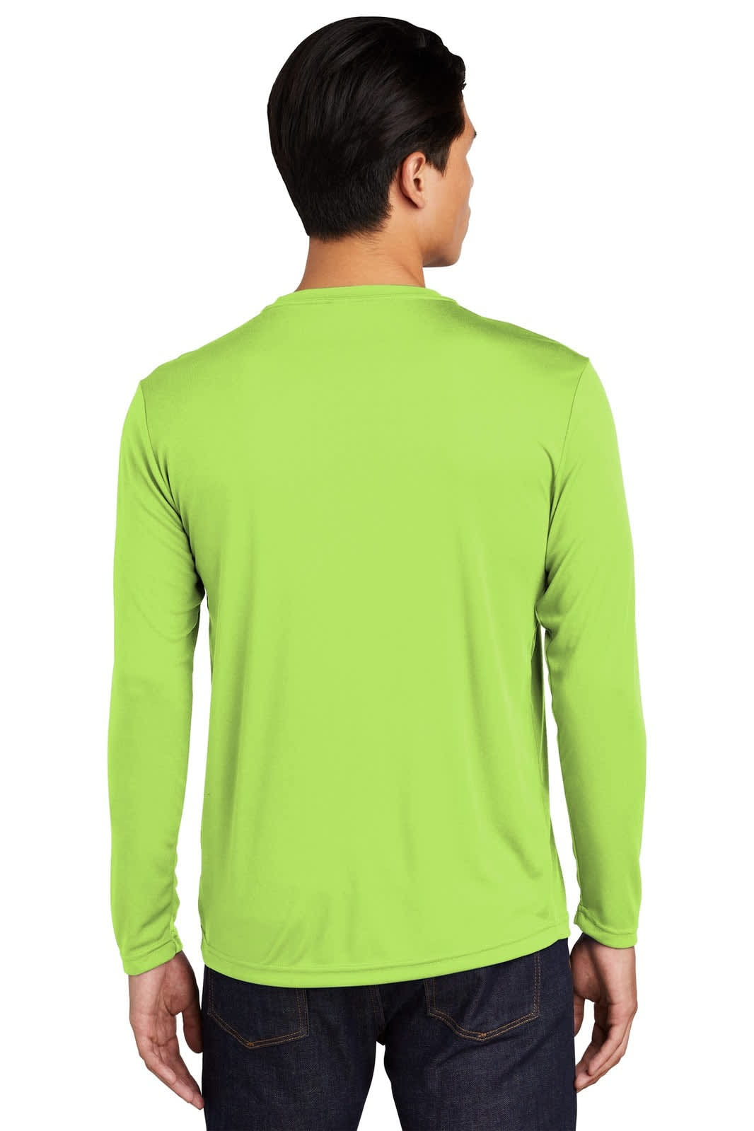 A green long sleeve t-shirt with a smooth fabric, featuring a logo on the back.