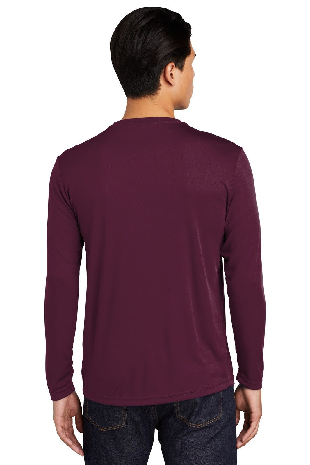A long sleeve, maroon T-shirt with a smooth finish, featuring a logo on the back.