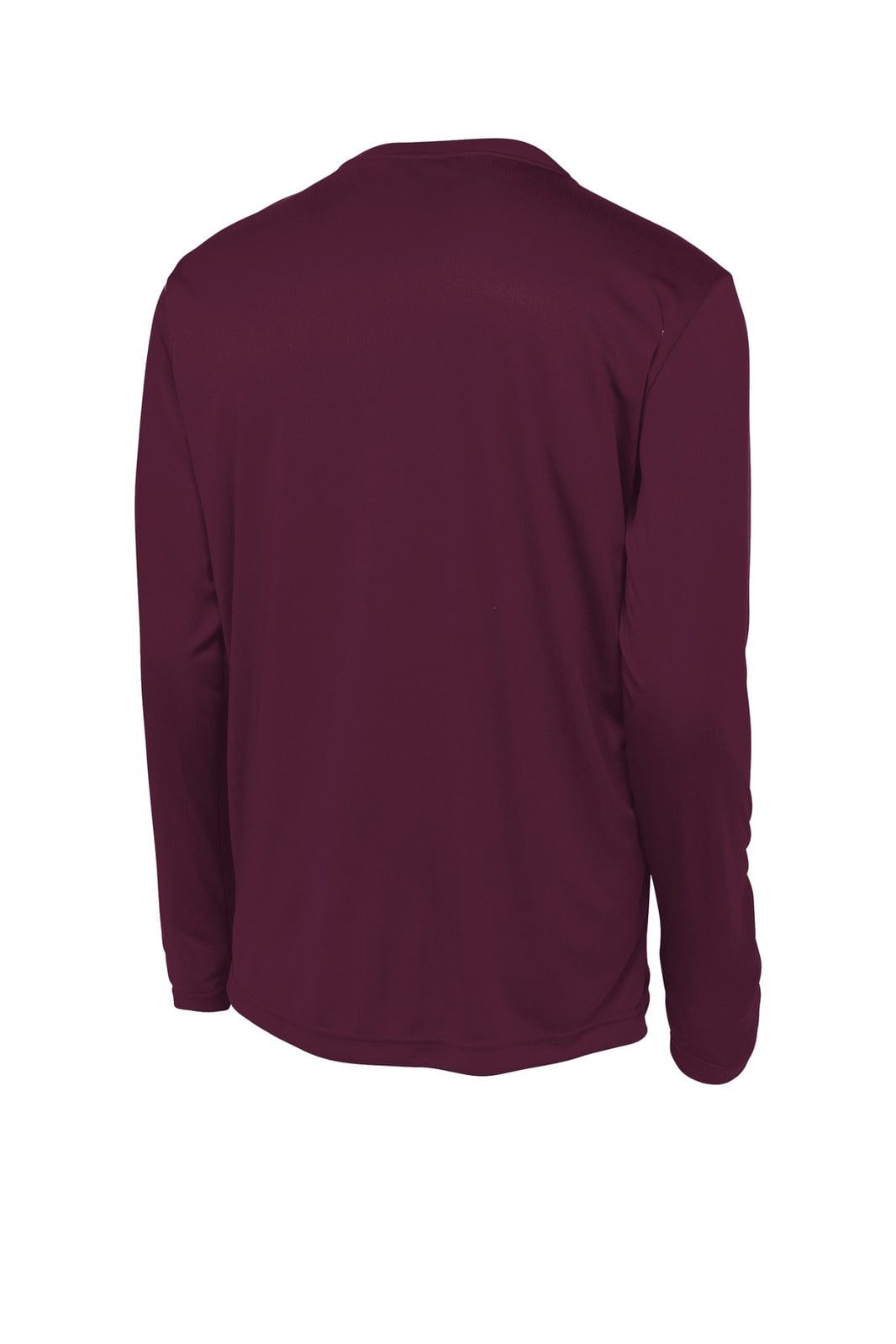 A maroon long sleeve t-shirt with a smooth fabric finish, featuring a logo on the back.