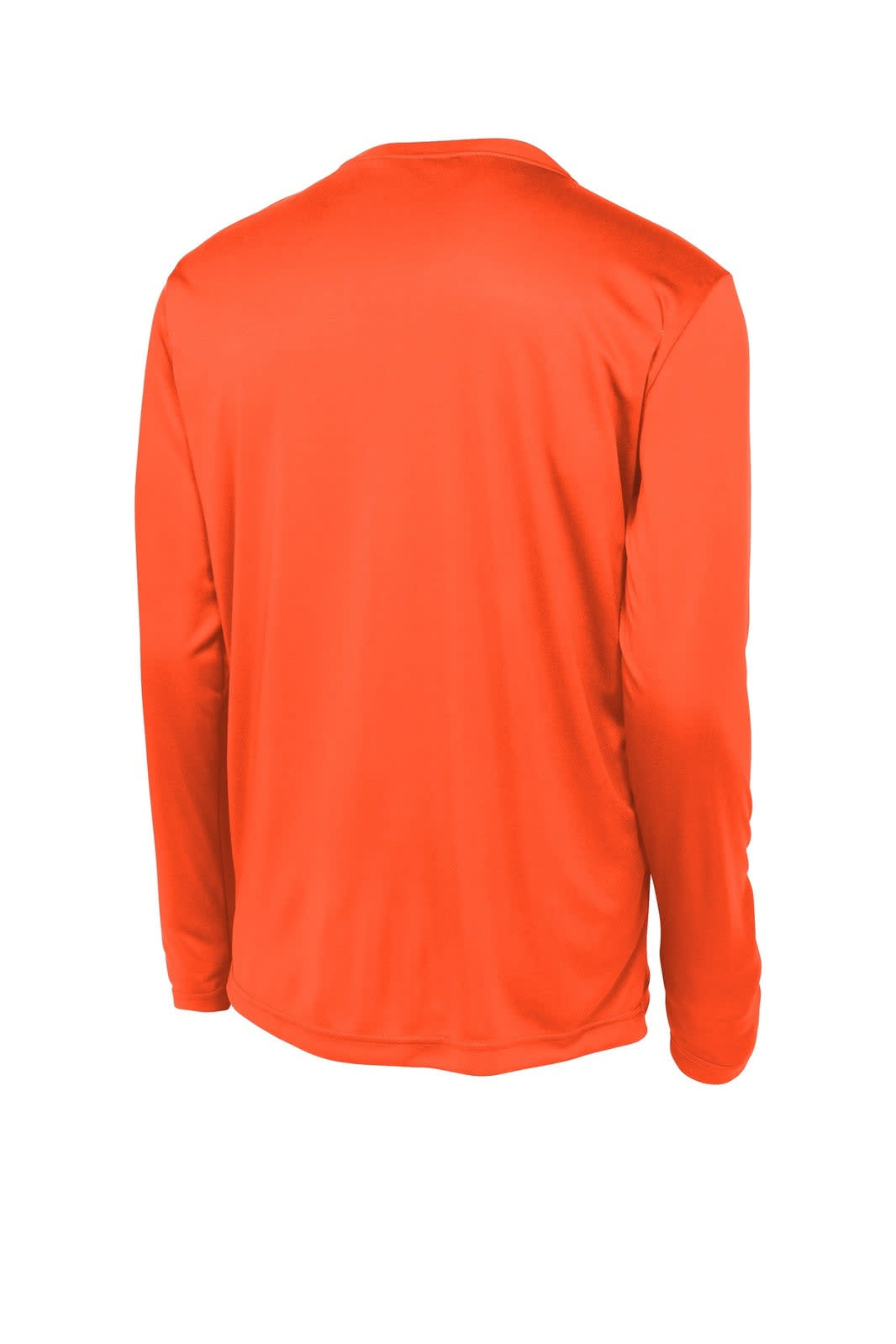 A long sleeve t-shirt in vibrant orange with a smooth fabric finish and a logo on the back.