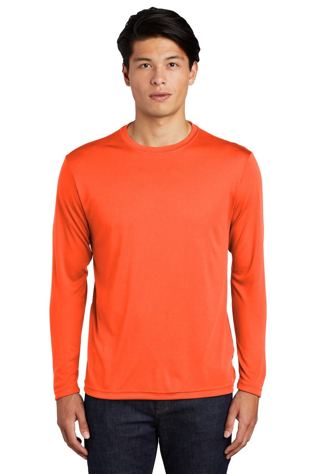 An orange long sleeve T-shirt featuring a logo, modelled by a person standing.