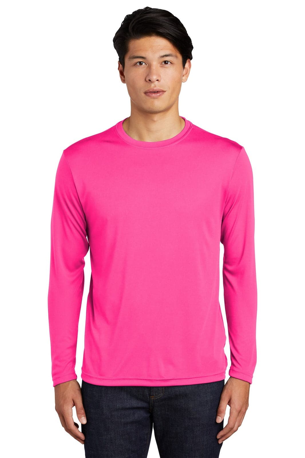 A long sleeve T-shirt in a vibrant pink colour, featuring a logo on the front.