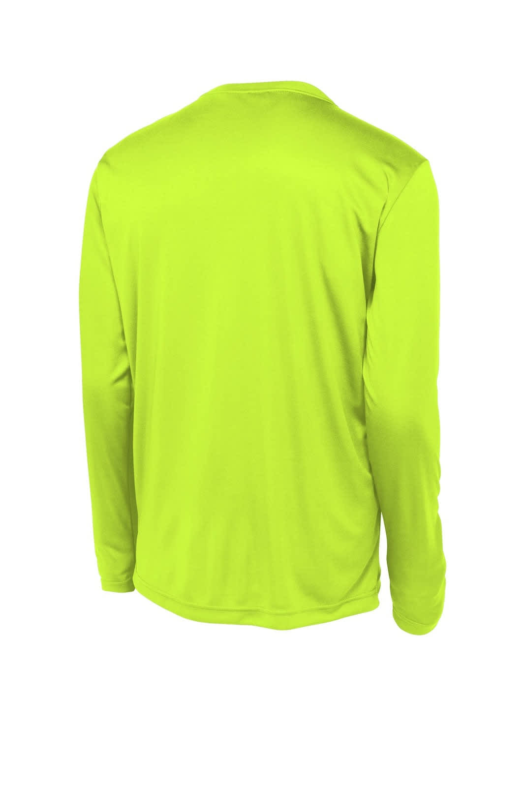A long sleeve t-shirt in bright lime green with a plain back and a logo on the upper back area.