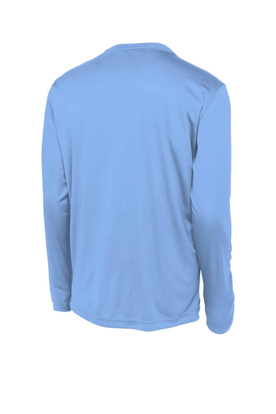 A light blue long sleeve t-shirt with a back view, featuring a logo on the sleeve.