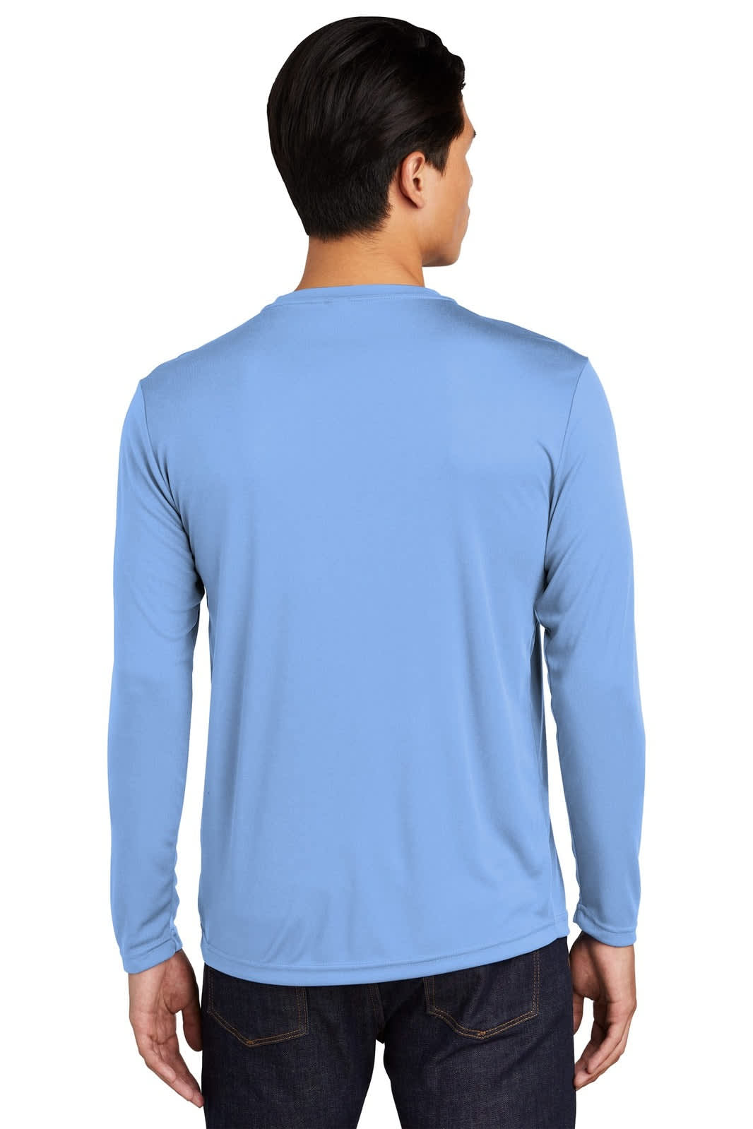 A light blue long sleeve t-shirt with a smooth fabric finish, featuring a brand logo on the back.