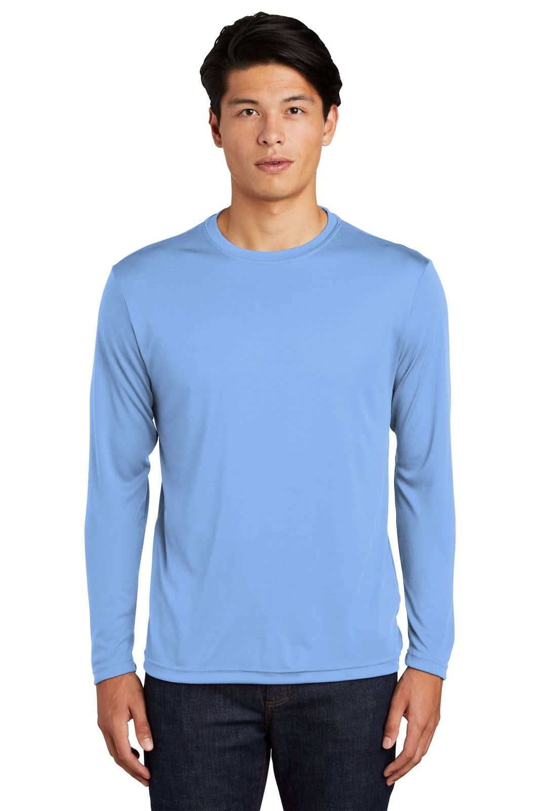 A light blue long sleeve t-shirt with a round neckline, featuring a logo on the chest.
