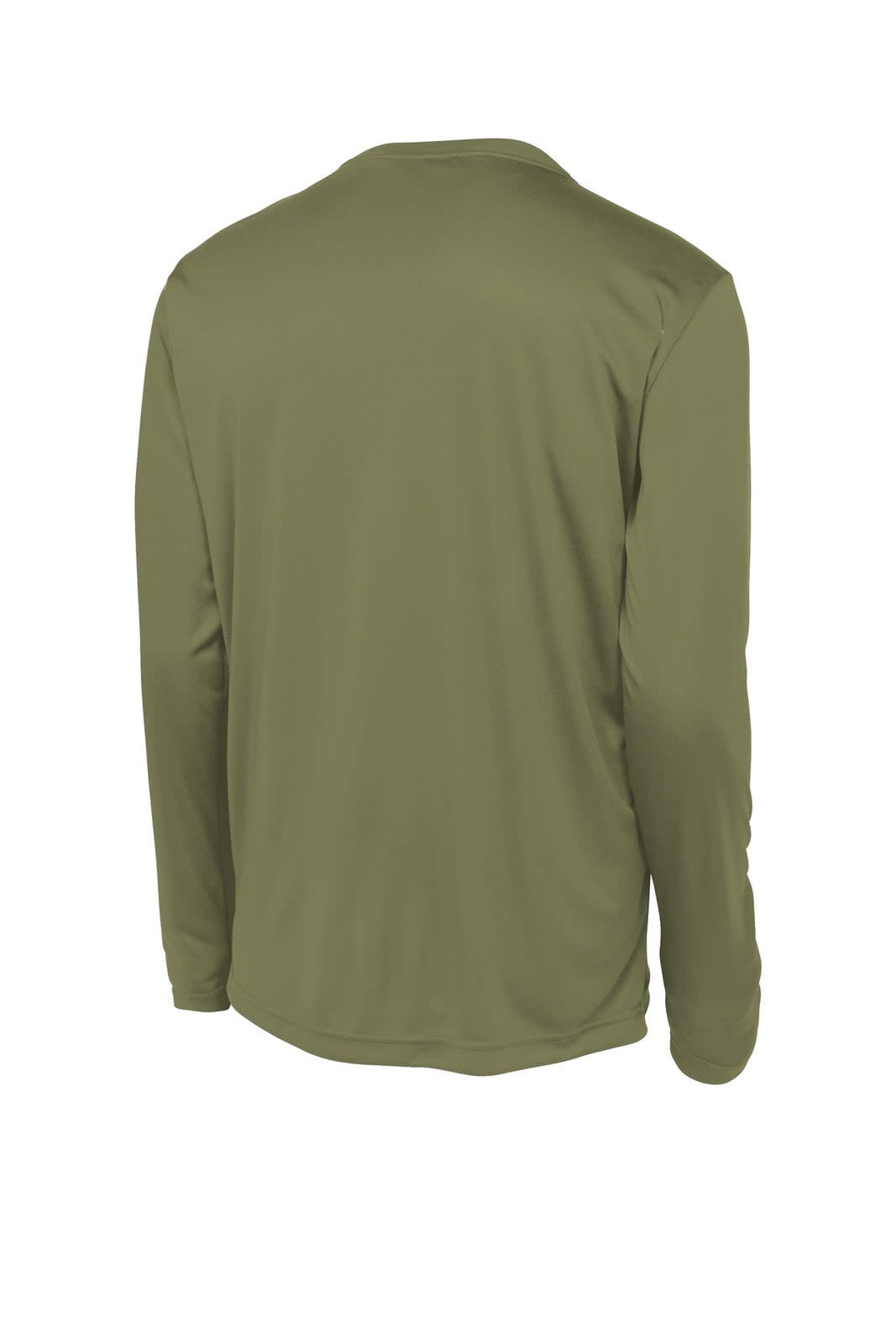 A long sleeve, olive green t-shirt featuring a logo on the back.