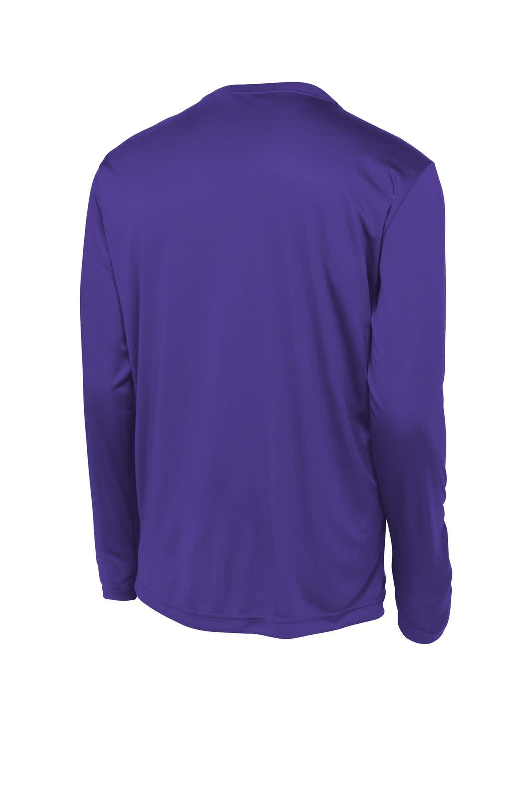 A long sleeve purple athletic tee featuring a simple design and a logo on the back.