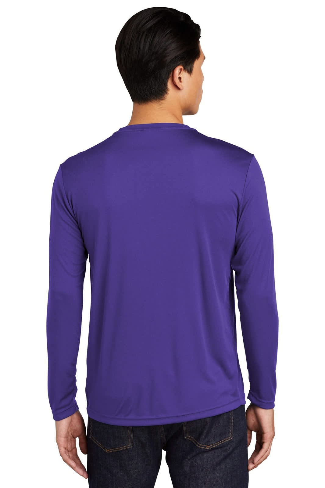 A man wearing a purple long sleeve t-shirt, showcasing a smooth fabric and a back view design.