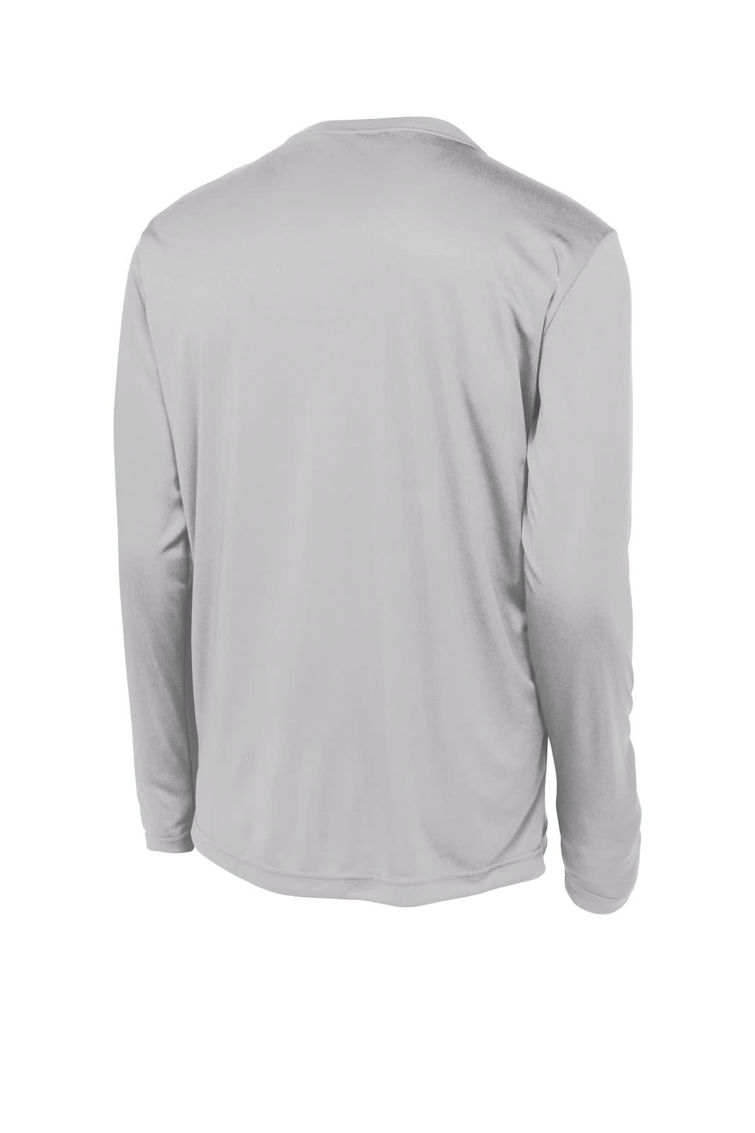 A long sleeve, light grey athletic t-shirt with a smooth texture and a logo on the back.