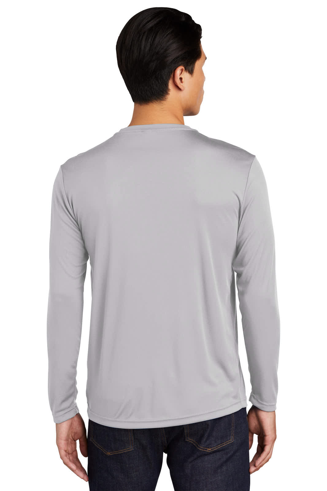A grey long sleeve shirt with a smooth finish and a logo on the back. Suitable for casual wear.