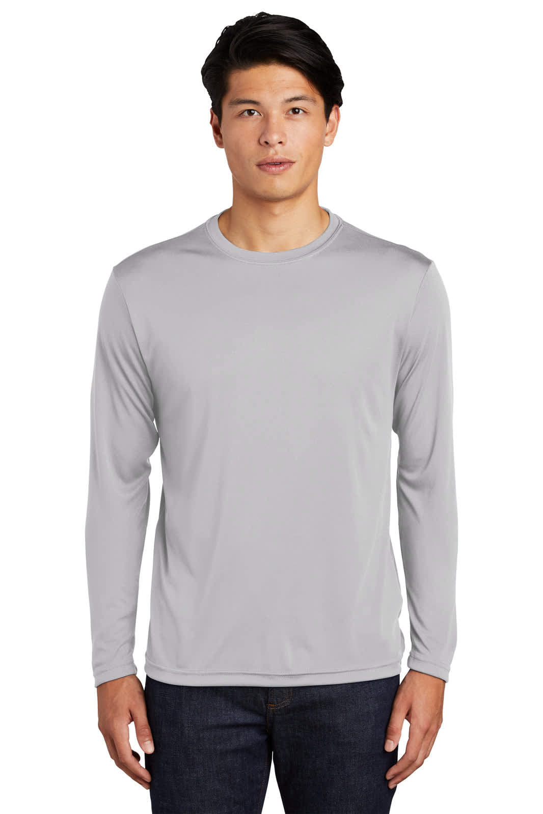A long sleeve, light grey performance tee with a round neckline and a branding logo.