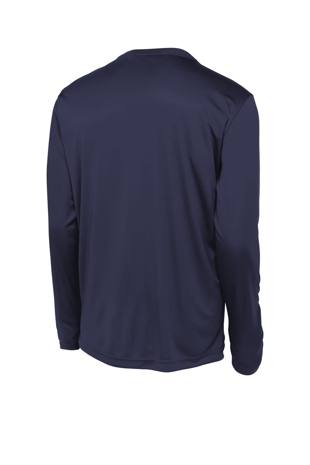 A navy long sleeve t-shirt featuring a smooth design and a branding logo on the back.