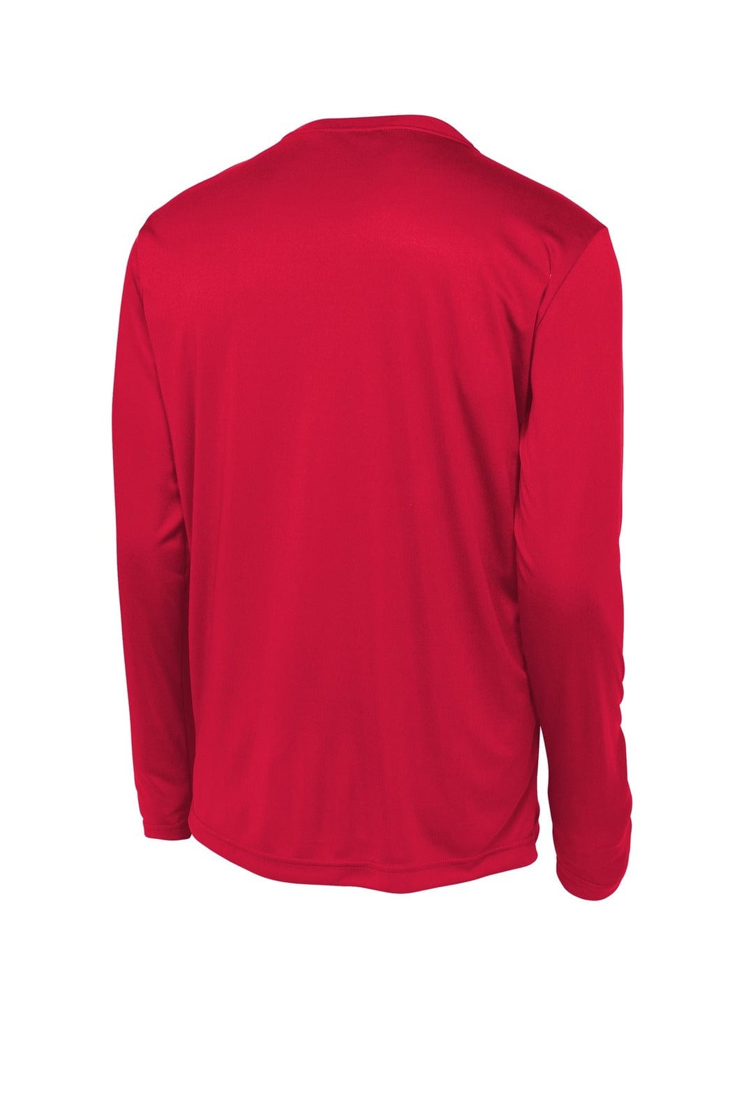 A red long sleeve t-shirt from Sport-Tek, featuring a smooth fabric and a branding logo.