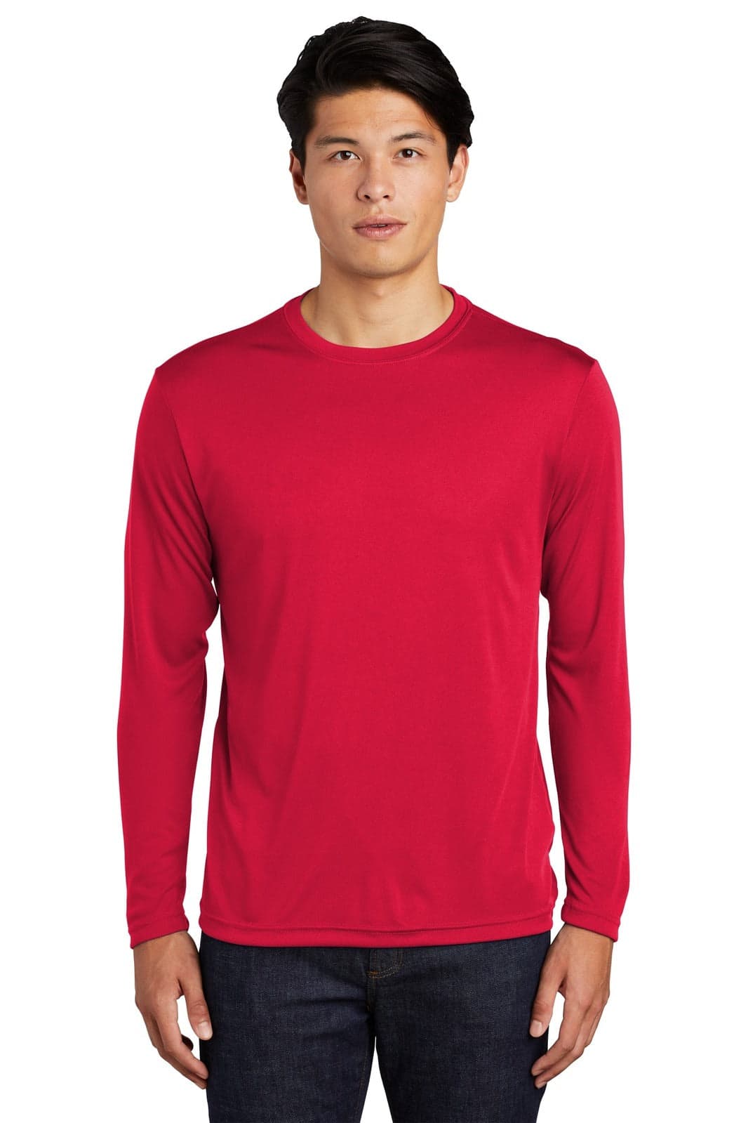 A red long sleeve tee with a crew neck and a logo. Suitable for casual wear or sports activities.