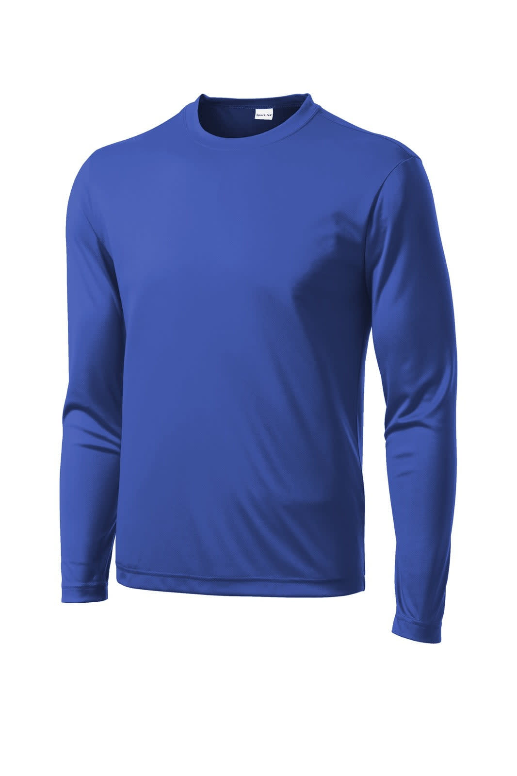 A long sleeve blue t-shirt with a smooth fabric finish and a crew neckline. It has a logo on the front.