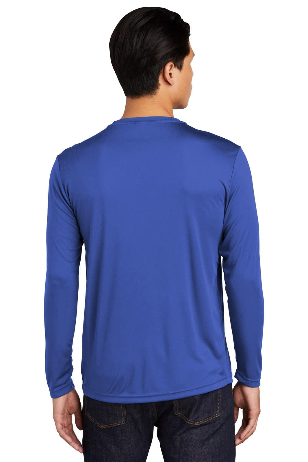 A blue long sleeve t-shirt with a smooth finish, featuring a logo. Designed for athletic wear.