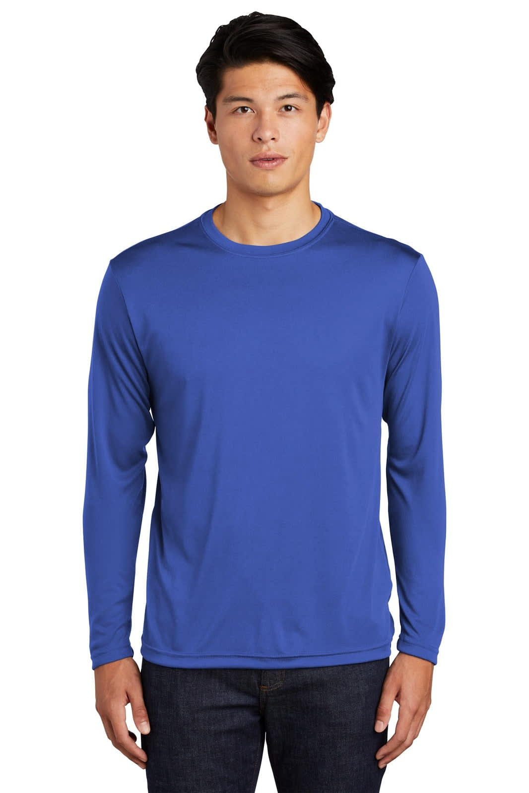 A blue long sleeve t-shirt featuring a logo, made from PosiCharge material. Suitable for active wear.