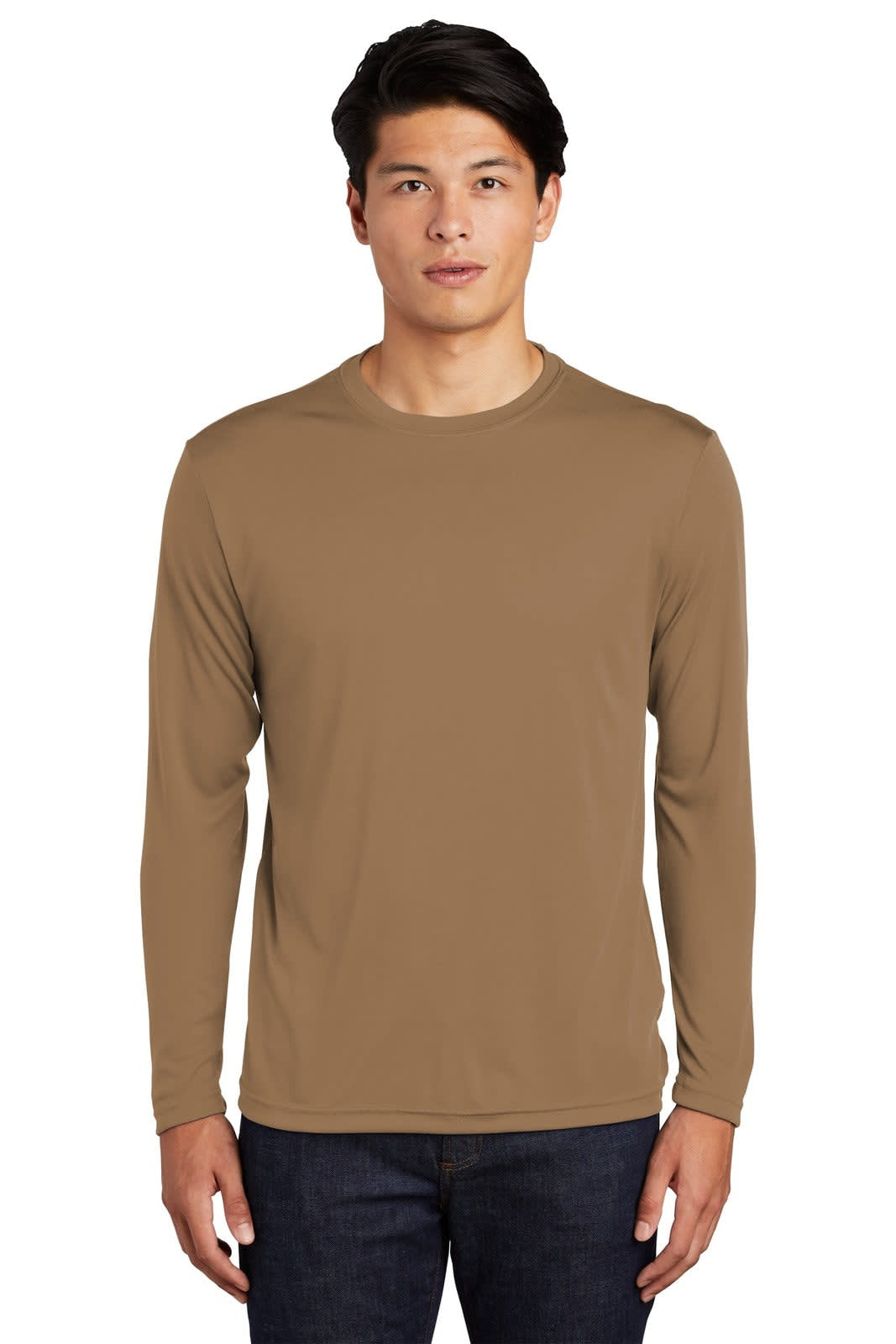 A long sleeve PosiCharge competitor tee in a tan colour, displayed on a male model. Features a logo on the shirt.