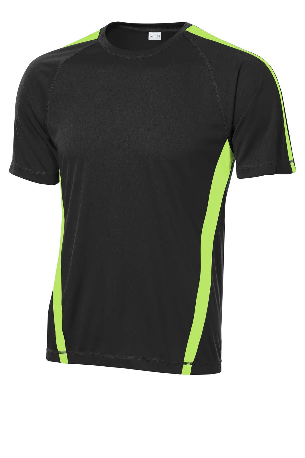 A black t-shirt with vibrant lime green side panels and a logo, designed for sports activities.