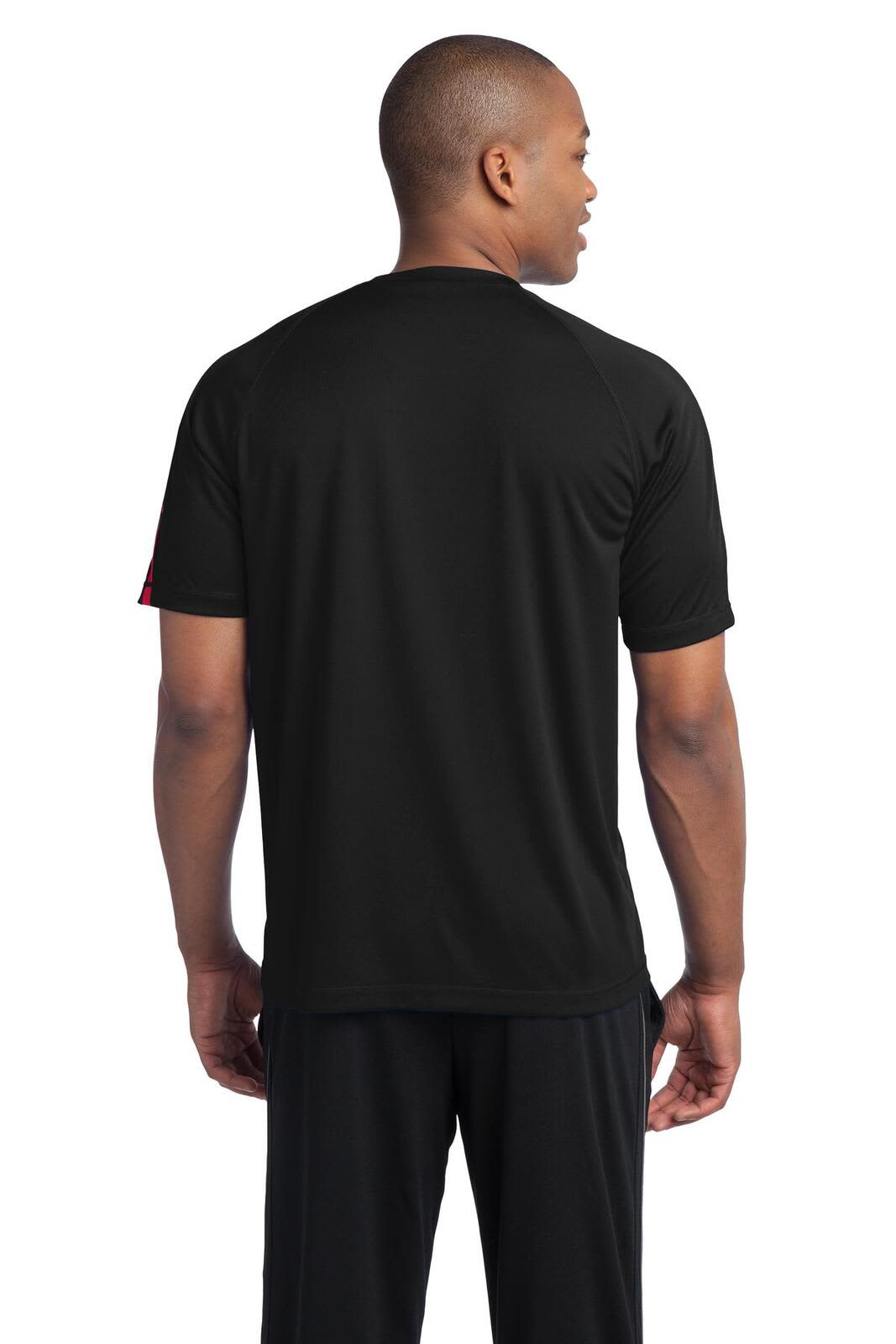 A black short-sleeve t-shirt with a colourblock design and a logo on the sleeve.